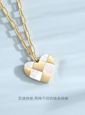 S925纯银棋盘格爱心锁骨链