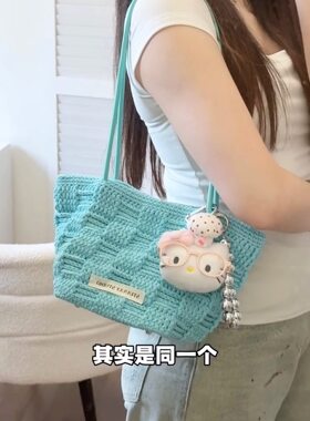手工格纹方块包单肩手挽包空心棉线diy编织材料包通勤包单肩斜挎