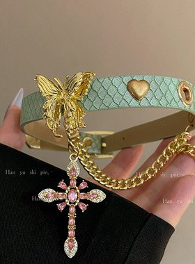 法式甜美绿色蝴蝶项链小众设计个性气质十字架流苏锁骨链时尚