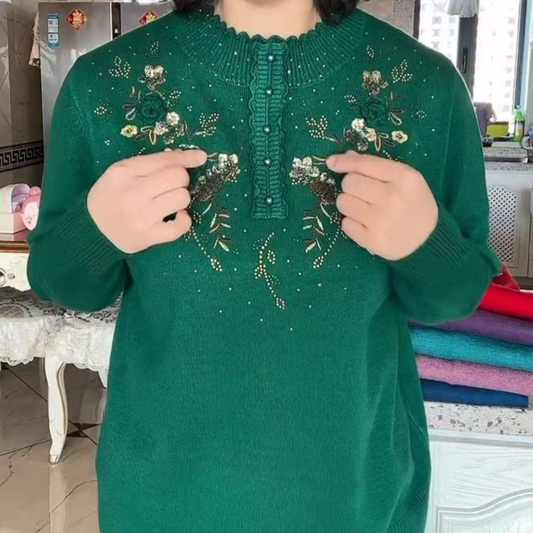 妈妈秋季提花镶钻毛衣长袖旗袍领针织衫中老年女本命年红色打底衫,淘宝优惠券,粉丝福利购,淘宝优惠卷