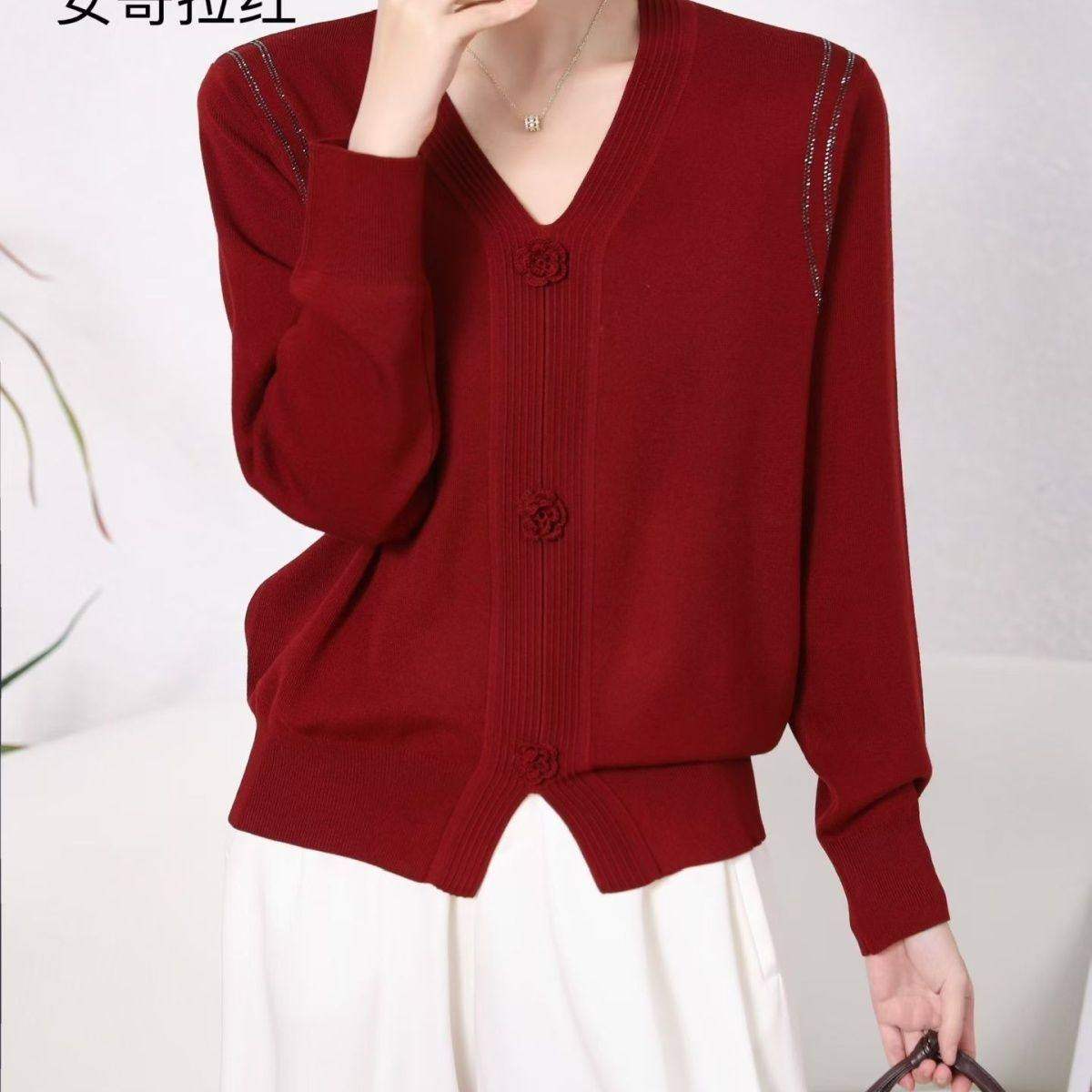 2026年春新款时尚休闲韩版V领玫瑰单排扣纯色冰丝针织衫女毛衣,淘宝优惠券,粉丝福利购,淘宝优惠卷