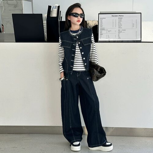 女童牛仔套装2026春秋新款时髦儿童中大童牛仔裤打底衫马甲三件套 - 图1