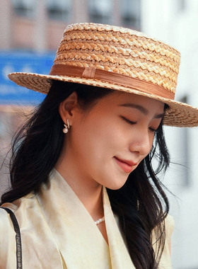 秋印平顶草帽出游时尚男女