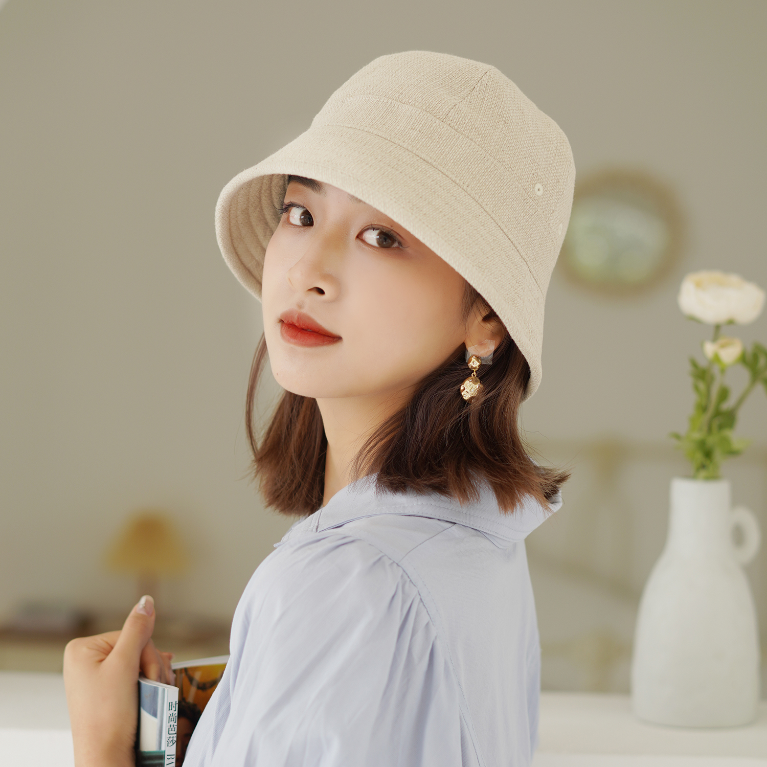 秋印渔夫帽春夏女日系棉麻遮阳防晒小边大头围时尚显脸小水桶盆帽