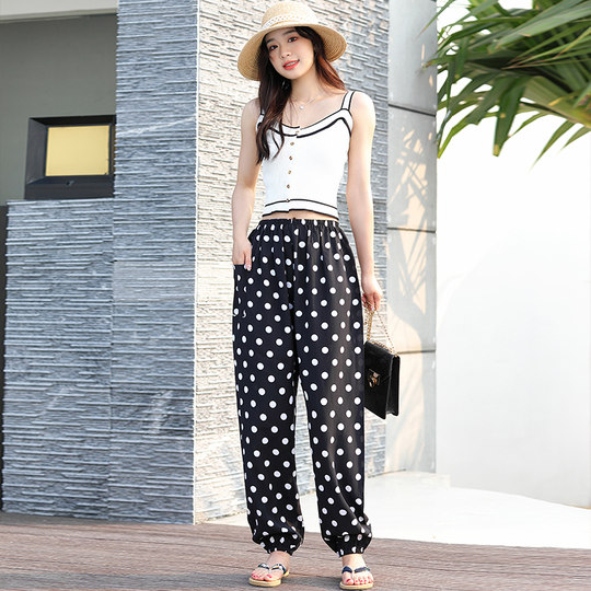 大码棉绸睡裤女夏人造棉薄款绵绸灯笼裤可外穿防蚊裤度假沙滩长裤