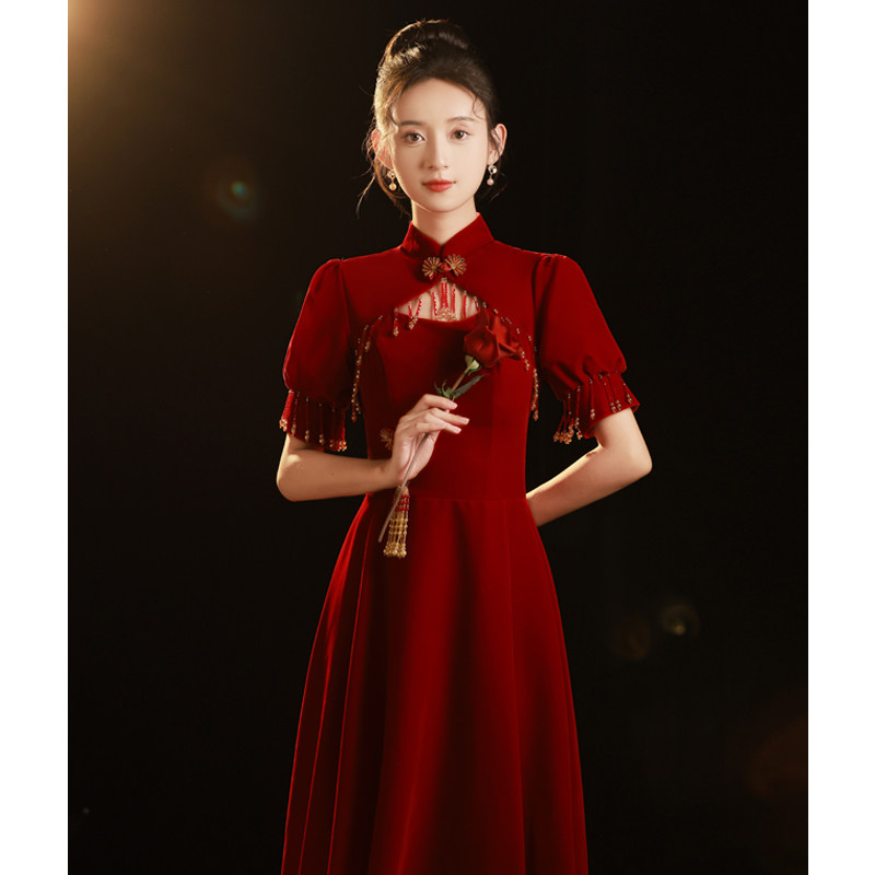中式旗袍敬酒服新娘酒红色夏季复古长款订婚回门便装礼服女高级感_虎窝淘