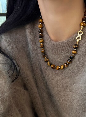 方糖家 可拆分秋冬美拉德虎眼石摩卡金棕珍珠双层项链轻奢毛衣链