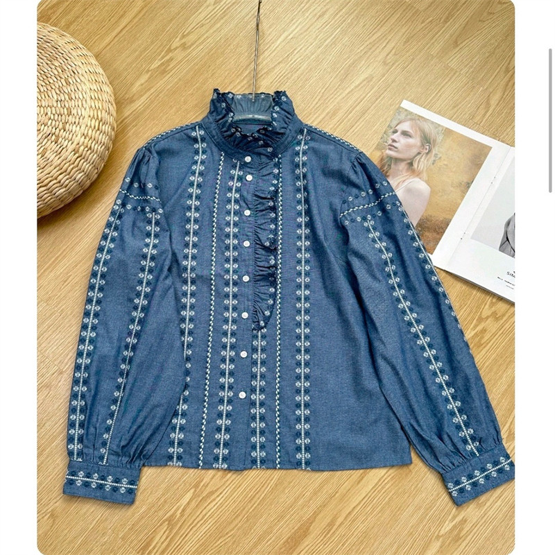 浪漫法式 se纯元经典款复古碎花刺绣木耳边立领牛仔蓝衬衫,淘宝优惠券,粉丝福利购,淘宝优惠卷