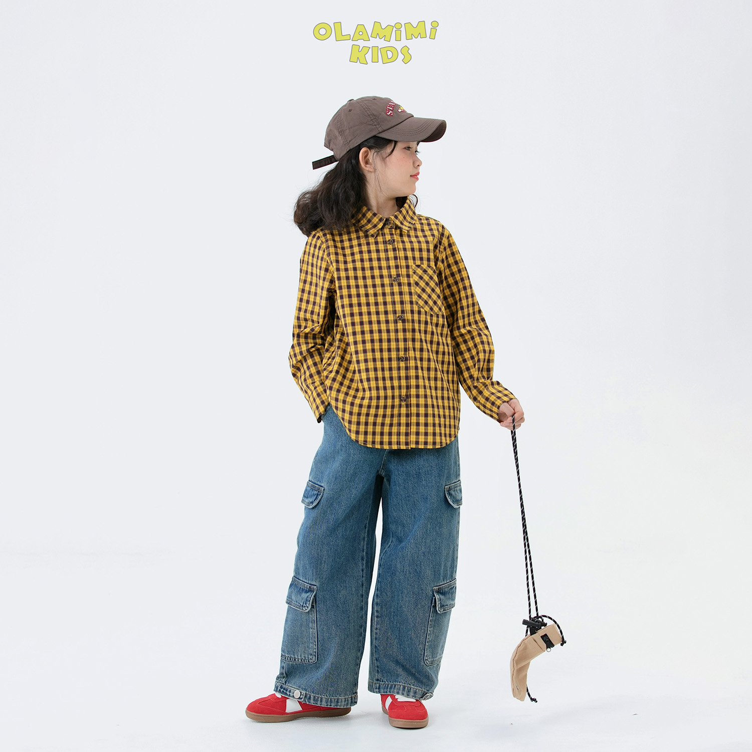 OLAMIMI定制2025春 亲子潮酷水洗做旧色多口袋直筒裤工装裤牛仔裤 - 图1