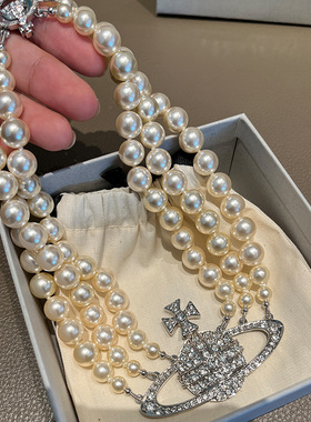 三层土星珍珠项链复古夸张满钻大土星锁骨链妍珍同款choker