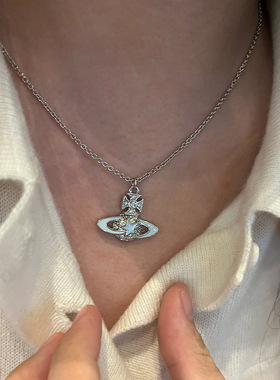 蓝色星星流星五角星项链满钻土星吊坠小众甜酷锁骨链