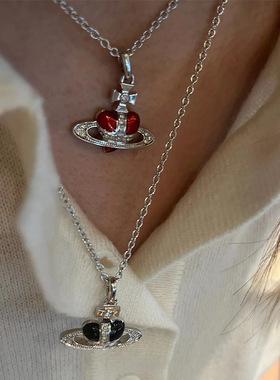 珐琅土星红色爱心项链黑色搪瓷心型项链朋克辣妹首饰