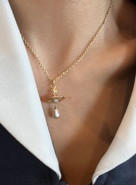 飞行士巴洛克异形水滴珍珠项链精工立体土星吊坠颈链