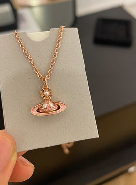 珐琅土星链条项链蓝色珐琅平面鎏金星球锁骨链叠戴