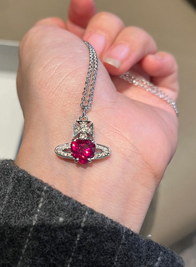 红色爱心钻土星项链耳钉ARIELLA满钻红宝石星球吊坠耳饰