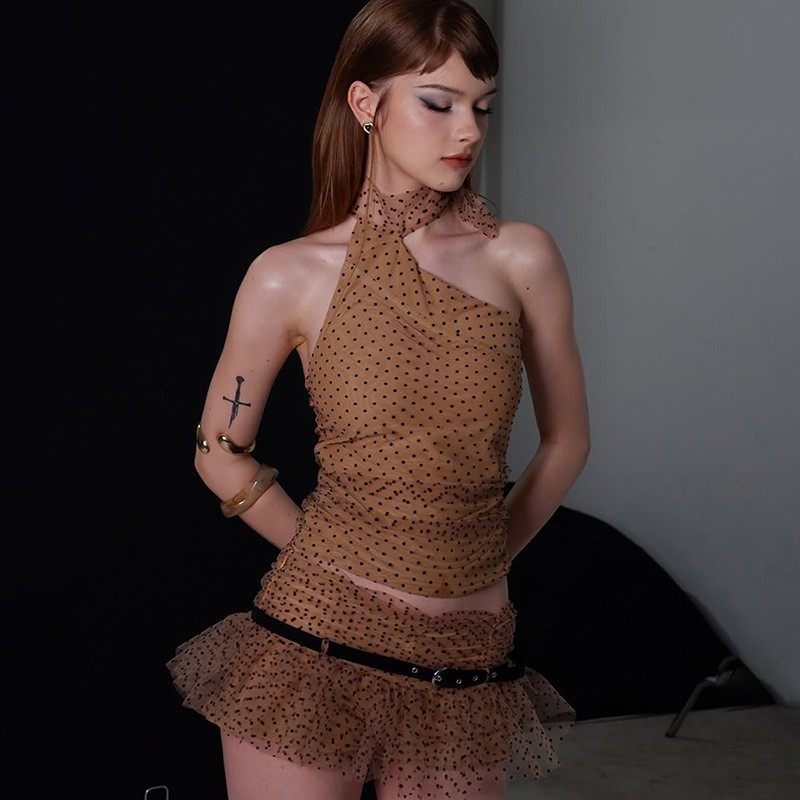 跨境欧美风春季新款女装纯色修身挂脖背心时尚低腰半身裙套装,淘宝优惠券,粉丝福利购,淘宝优惠卷