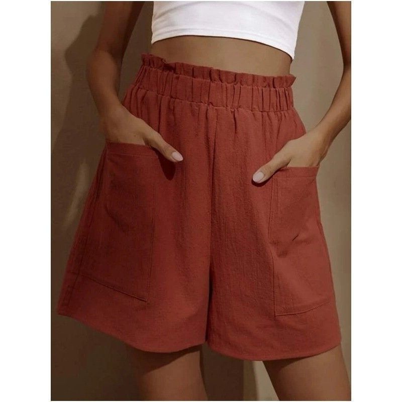 年亚马逊新款 欧美女士棉麻花苞高腰短裤 时尚大码阔腿休闲短,淘宝优惠券,粉丝福利购,淘宝优惠卷