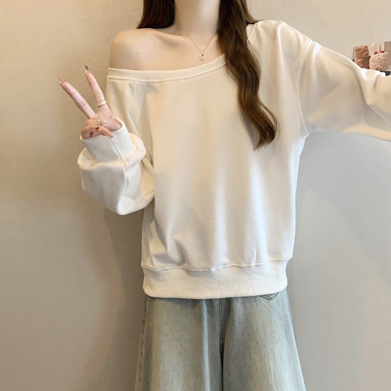 欧美风纯色一字肩斜领长袖卫衣女秋冬装韩版宽松加绒加厚上衣外套,淘宝优惠券,粉丝福利购,淘宝优惠卷