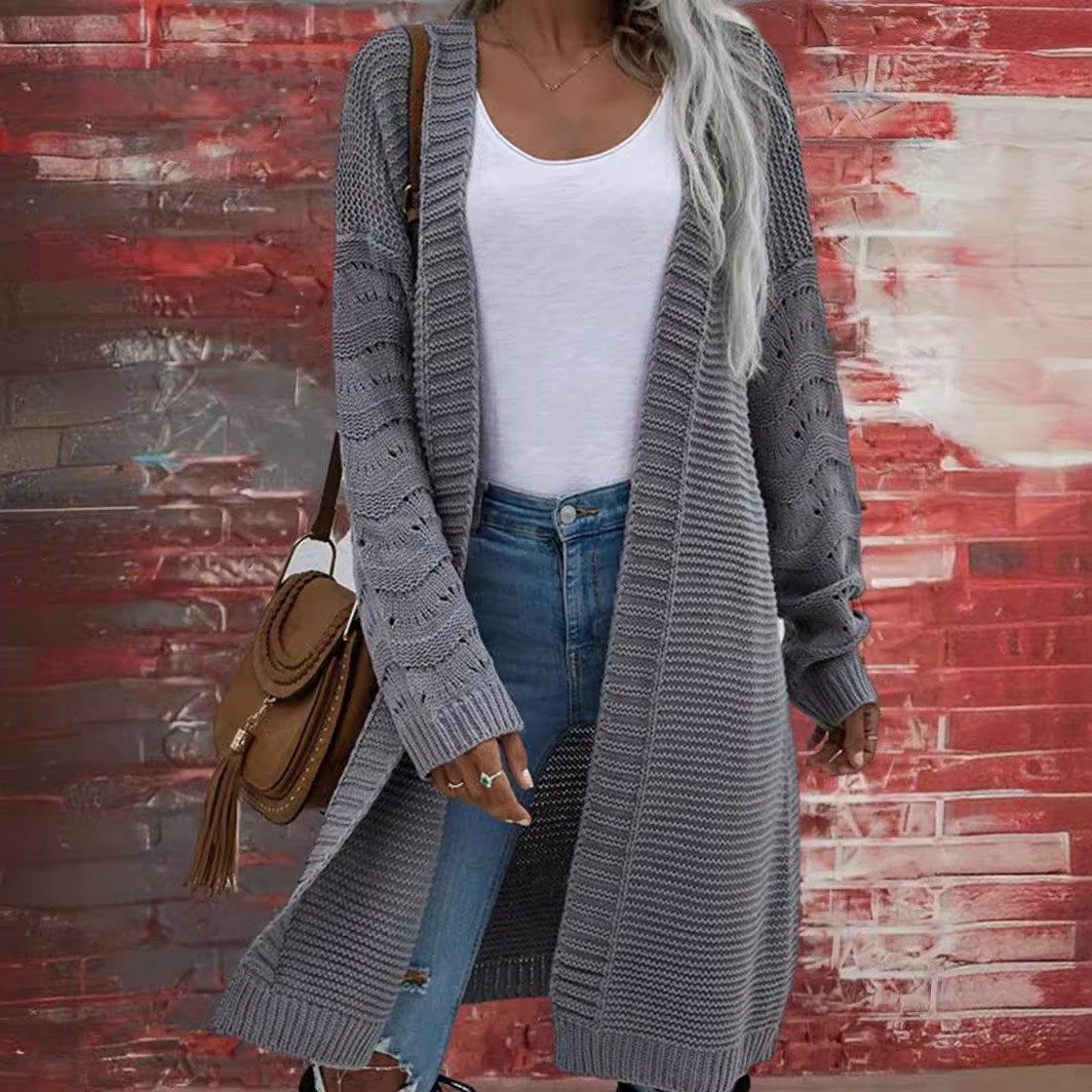 新款毛衣亚马逊长款开衫纯色欧美女式针织开衫中长款外贸女装,淘宝优惠券,粉丝福利购,淘宝优惠卷