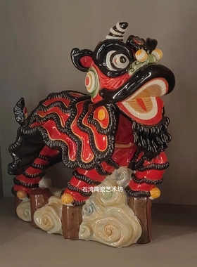 陶瓷舞醒狮喜庆拜年贺寿手工摆件