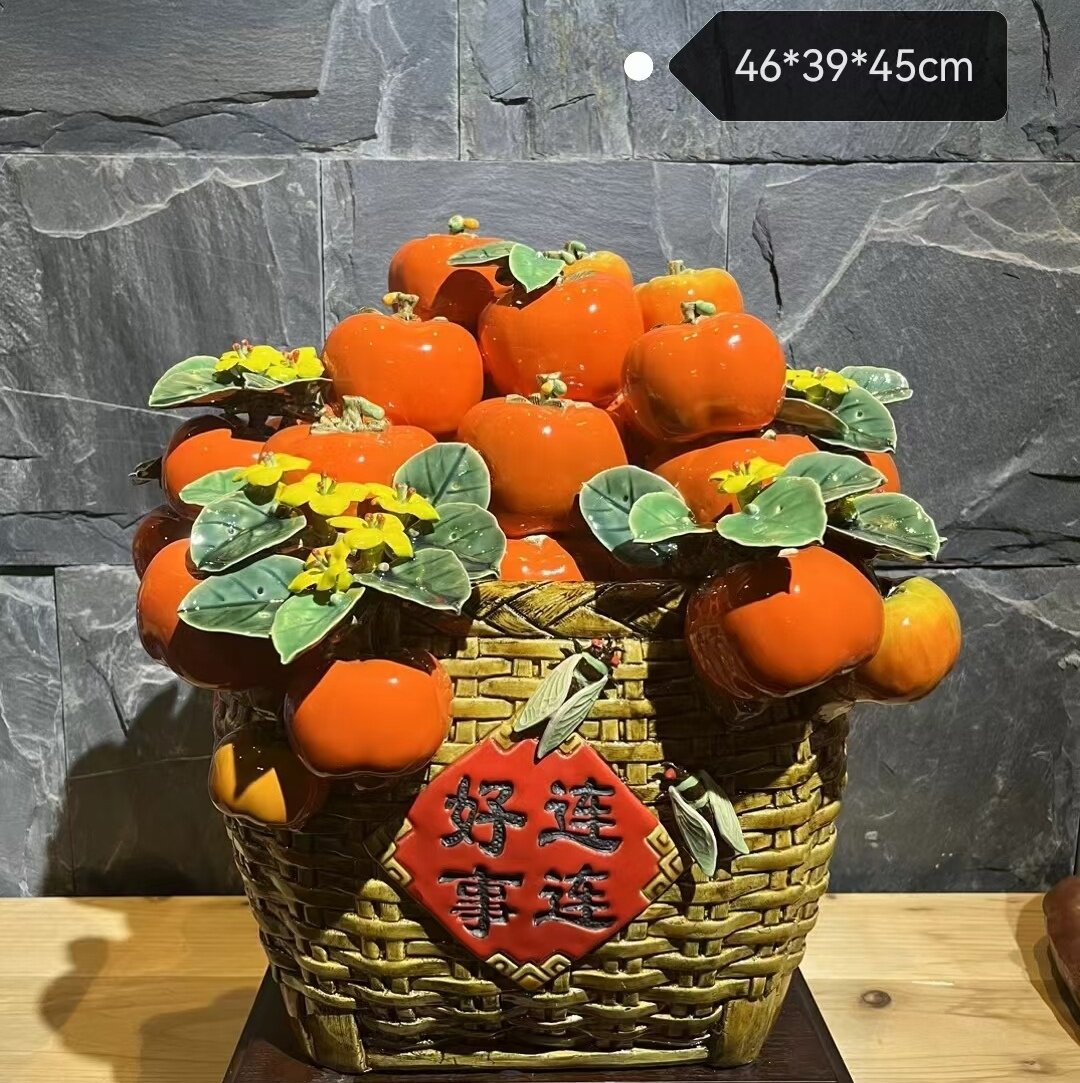陶瓷水果花篮手工装饰摆件公司开业风水植物摆设苹果桃子柿子柚子