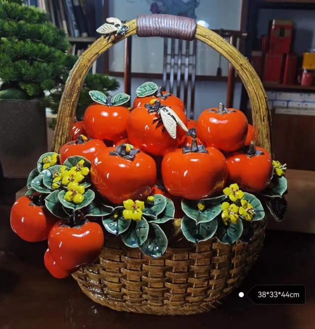 陶瓷水果花篮手工装饰摆件公司开业风水植物摆设苹果桃子柿子柚子
