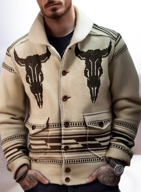 Men's sweate欧美秋季男装复古大码提花针织外套长袖翻领开衫毛衣