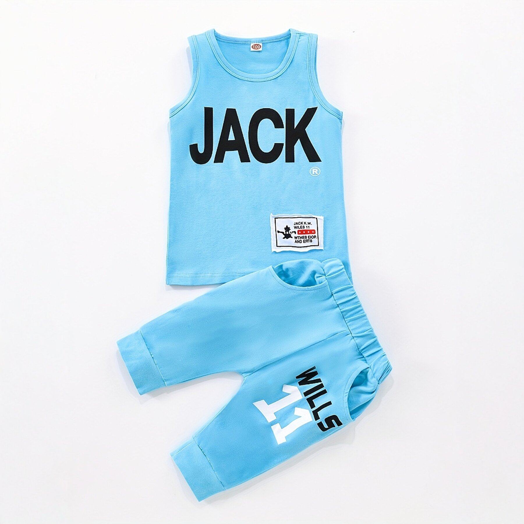 男童夏季无袖套装 儿童 JACK 字母印花背心 宝宝蓝色七分裤两件套,淘宝优惠券,粉丝福利购,淘宝优惠卷