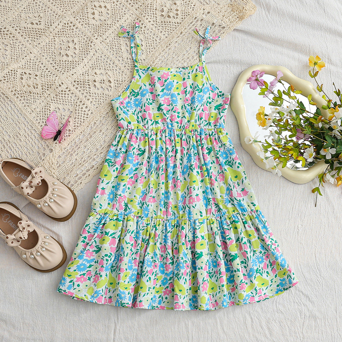 女童碎花吊带连衣裙 儿童夏装蝴蝶结长裙 女孩清新田园风裙子,淘宝优惠券,粉丝福利购,淘宝优惠卷