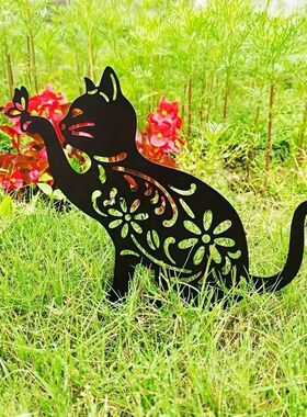跨境镂空花纹猫咪铁艺花园装饰猫抓蝴蝶设计庭院绿植花卉地插装饰