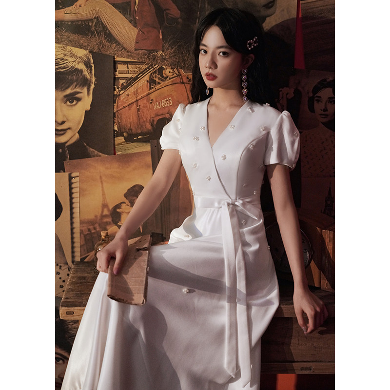 法式白色女2020新款气质宴会连衣裙 兰聚礼服/晚装