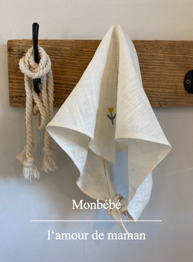 monbebe韩国进口亚麻刺绣小花奶白法式复古头巾凹造型夏日时髦