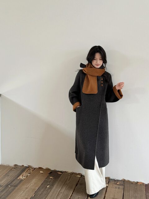 欧洲站AB面澳洲超细羊毛外套2025欧货撞色配围巾长款双面羊绒大衣