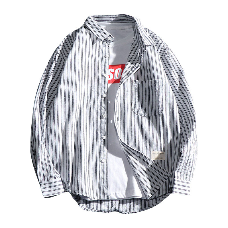 日系秋季男士长袖条纹男蓝白条衬衫 画山龙衬衫