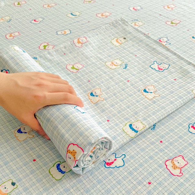Blue plaid cute puppy printed single piece bed sheet dormitory apartment four season universal pillowcase bed cover breathable mattress cover