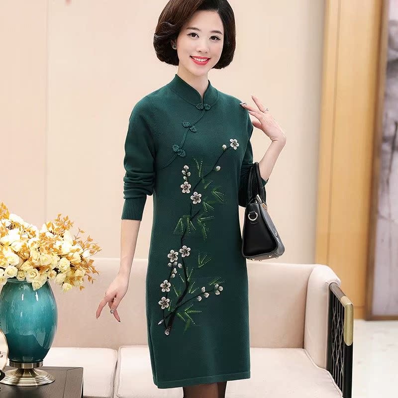 中老年秋装女针织旗袍连衣裙妈妈装秋冬新款中长款打底衫长袖衣 中老年秋装女针织旗袍连衣裙妈妈装秋冬新款中长款打底衫长袖衣