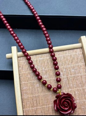 2026天然原矿朱砂玫瑰花吊坠高含量紫金帝王红砂本命年项链