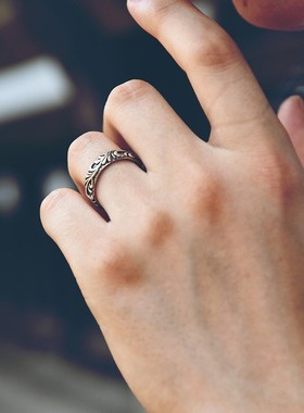 2026泰银做旧唐草纹指环个性复古镀银开口戒指男士单身霸气嘻哈指