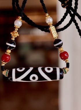 2026天然西藏曲贡五眼天珠项链玛瑙饰品三眼财神天珠男女款跨境