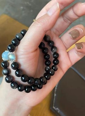 2026天然银曜石手串小众设计感海蓝宝灰月光水晶珠子手链