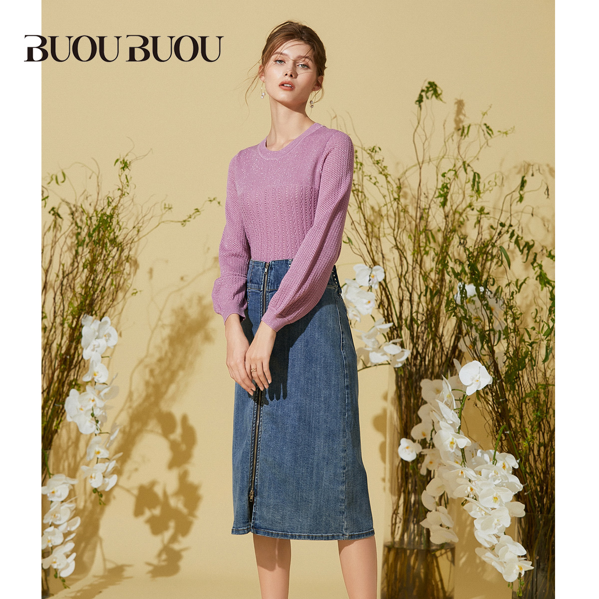 【关注领券】Buou Buou商场同款女装春季灯笼袖针织衫BH1A910 - 图0