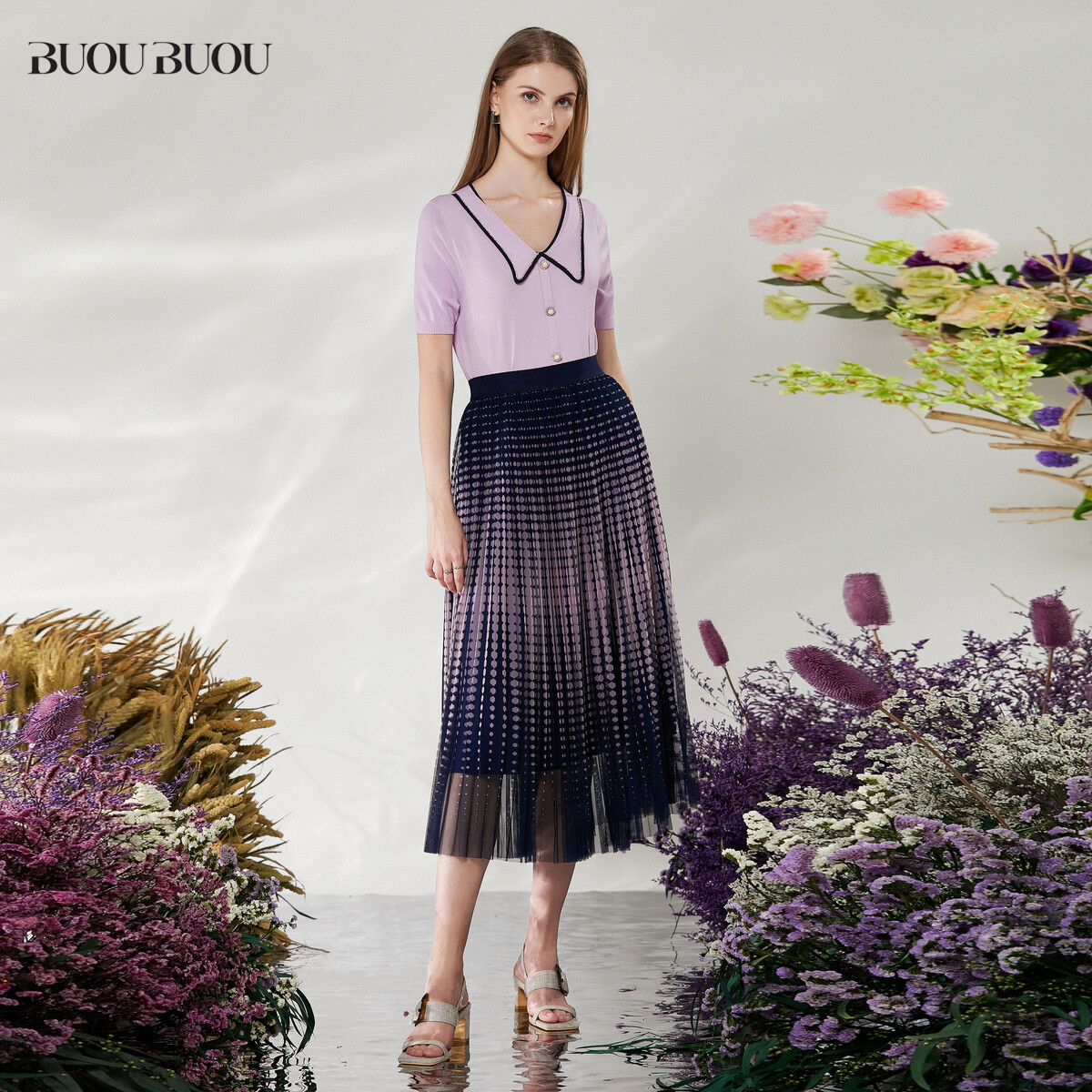 Buou Buou商场同款气质翻领短袖针织衫上衣女BH2A922 - 图2