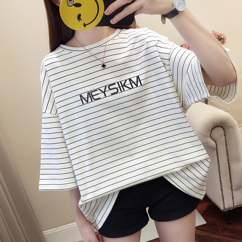 七分中袖夏季韩版大版纯棉条纹t恤 闺倩T恤