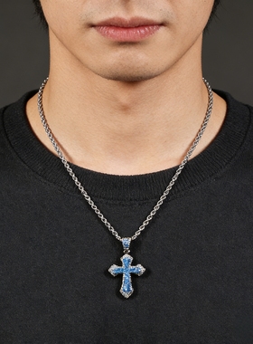 嘻哈蓝色锆石十字架男士毛衣链