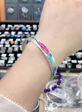 足银999烧蓝非遗掐丝珐琅工艺鲤鱼荷花内刻心经手镯