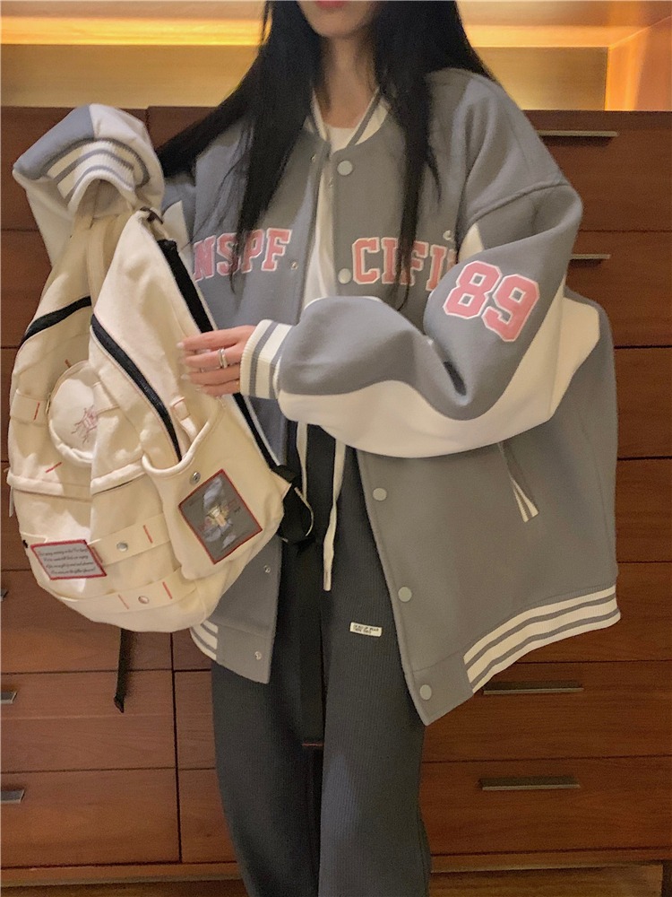 时尚女装~秋冬呢子拼接棒球服复古港风甜酷长袖夹克外套