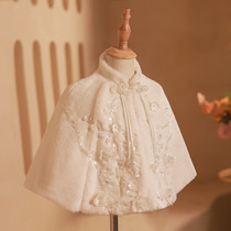 Girl Thickening Warm Cape Winter White Plush Canon Shoulder Flowers Child Wedding Wool Coat Little Girl Walking Show Cloak