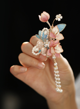 竹影林曦粉蓝色古风少女花朵发夹