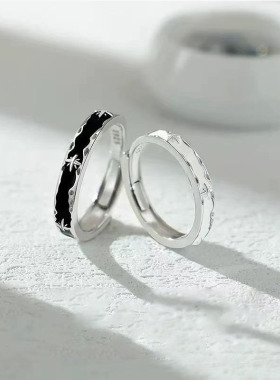 白铜黑夜与黎明情侣戒指女男一对轻奢小众黑白珐琅对戒情人节礼物