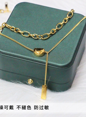 钛钢女双层叠戴幸运豆锁骨链项链